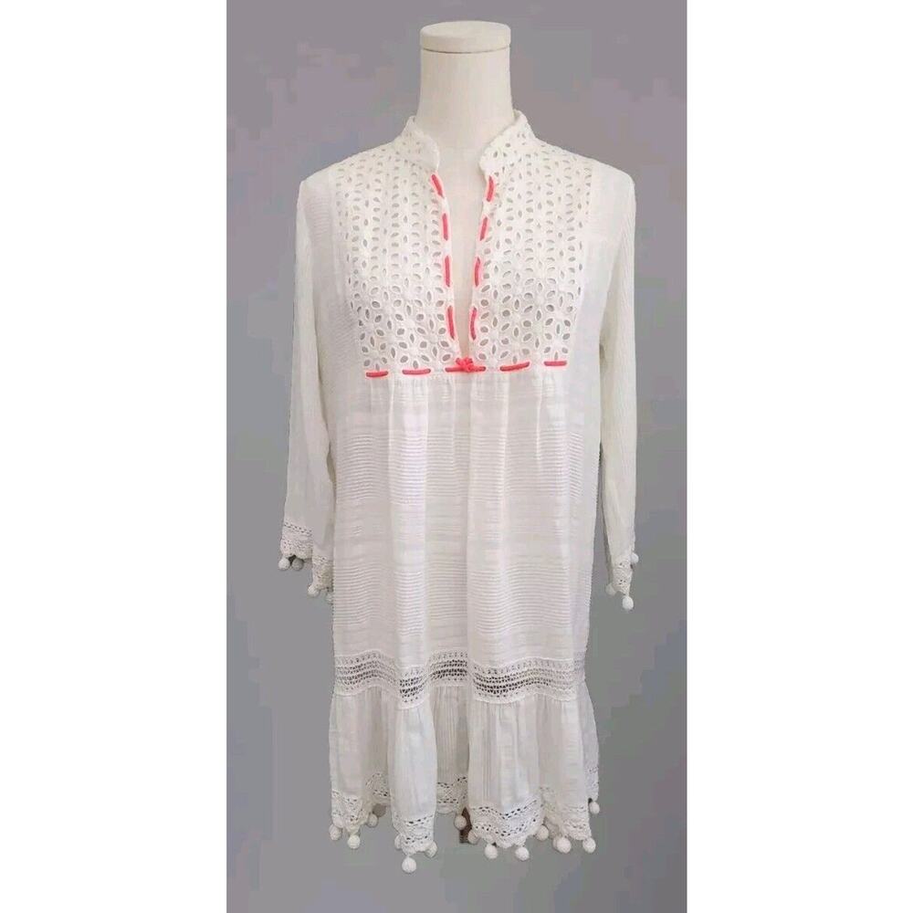 VMT Eyelet Embroidered & Crochet Hem V-Neck Shift Cover Up Caftan Pom Dress XS/S